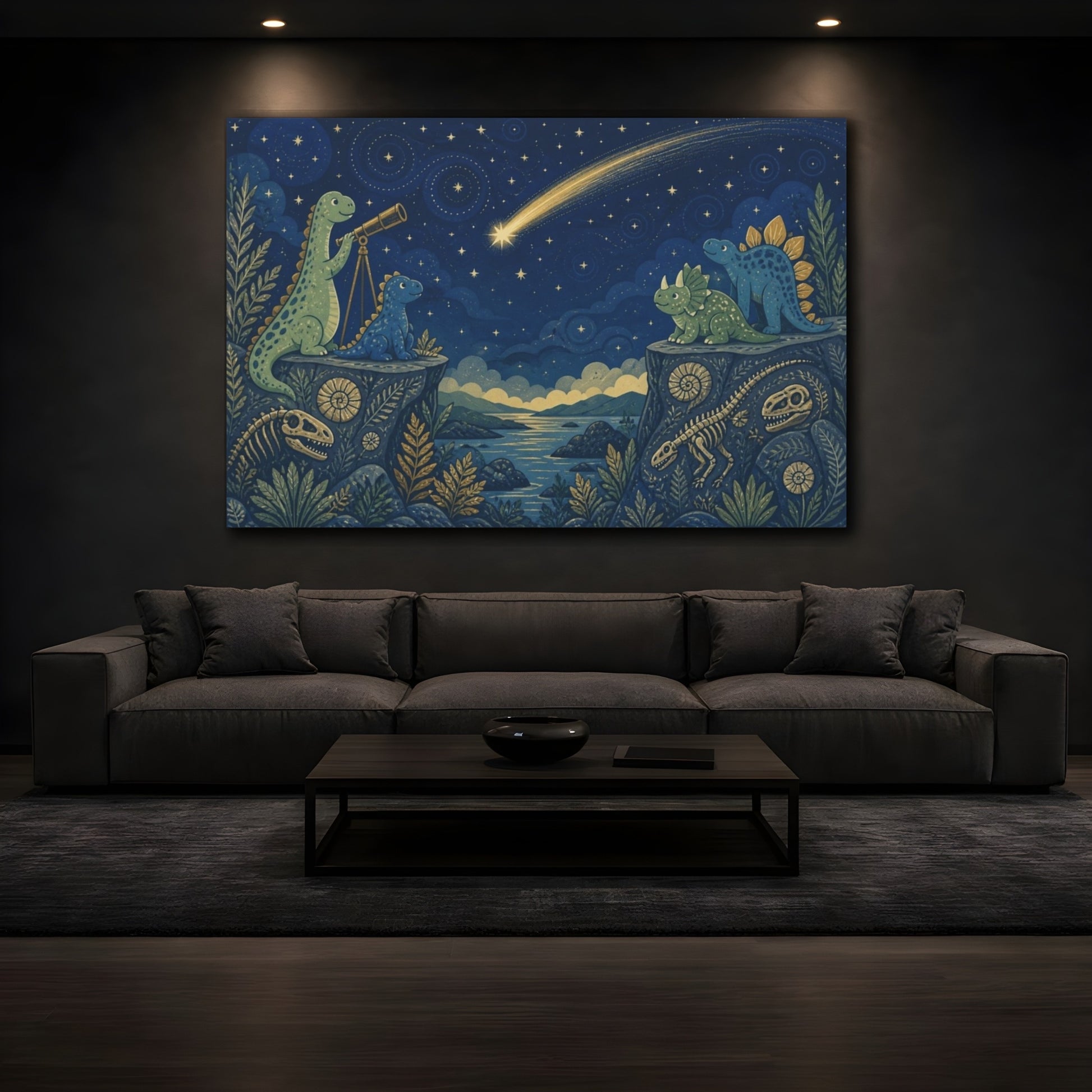 Mockup 3. Stargazing Dinosaur Friends shown as canvas print