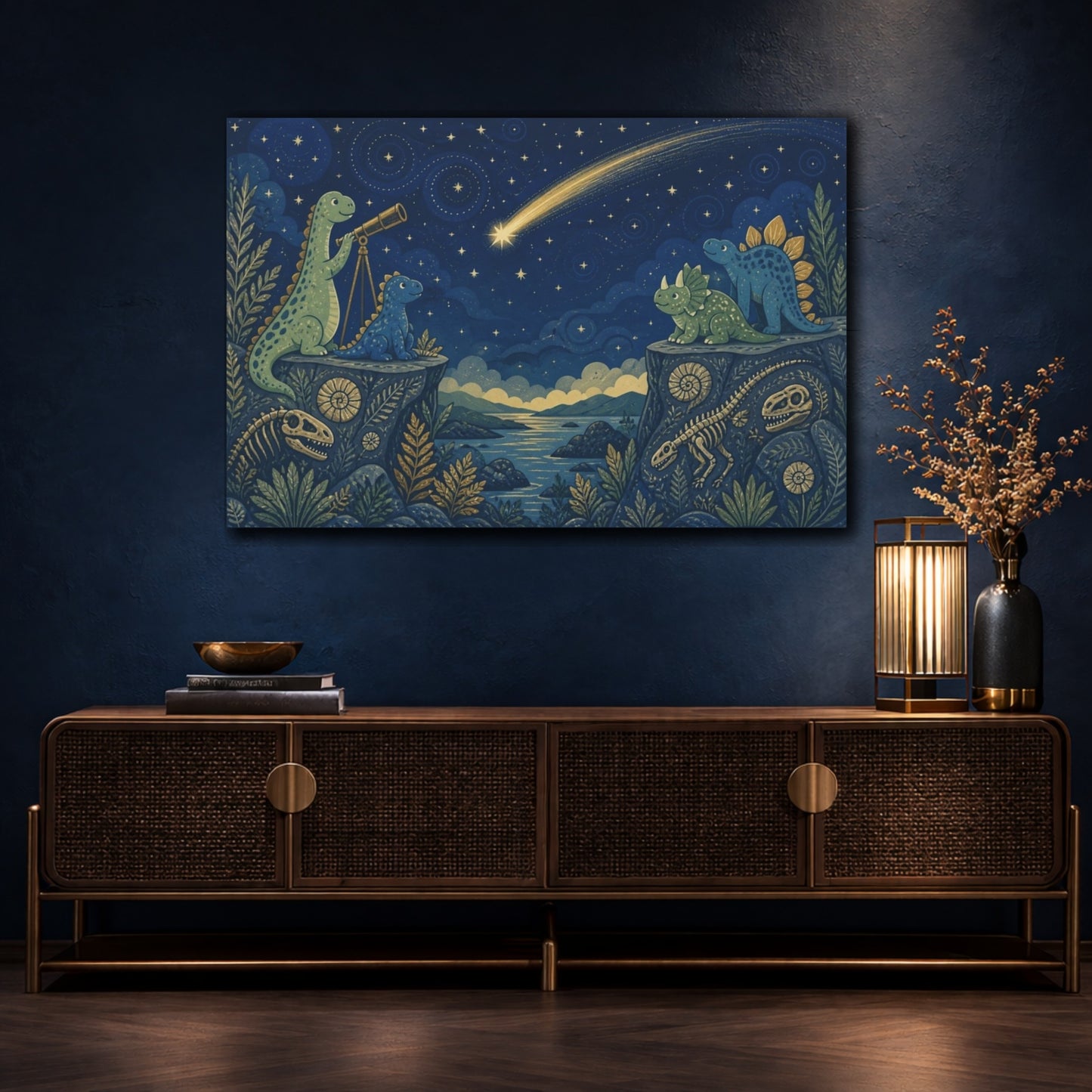 Mockup 4. Stargazing Dinosaur Friends shown as canvas print