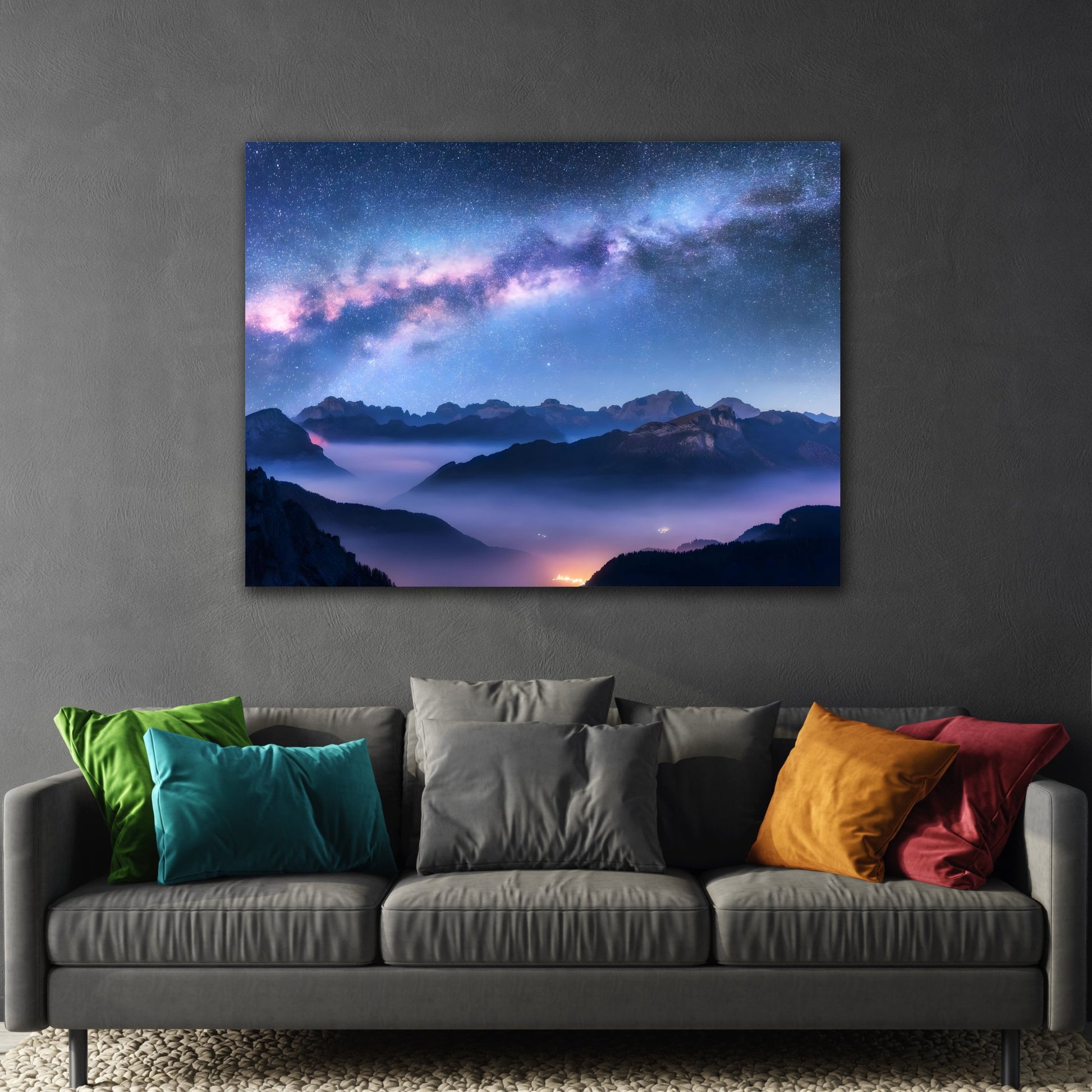 Starry Night Sky with Mountain Landscape Canvas Print - Modern Galaxy Nature Wall Art Painting Prints