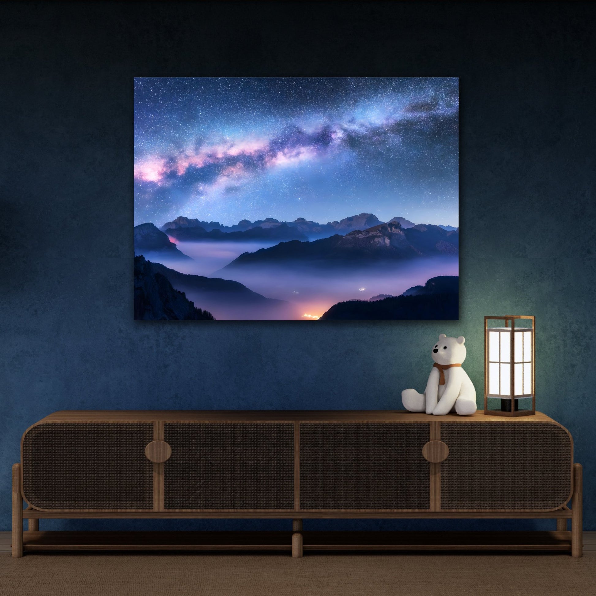 Starry Night Sky with Mountain Landscape Canvas Print - Modern Galaxy Nature Wall Art Painting Prints