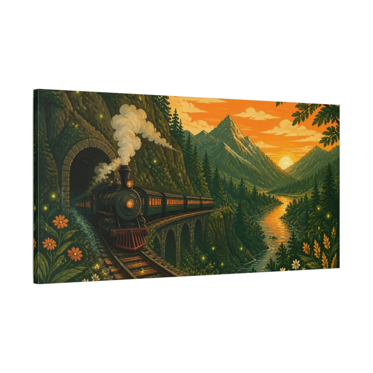 Main Mockup. Steam Train At Sunset shown as canvas print