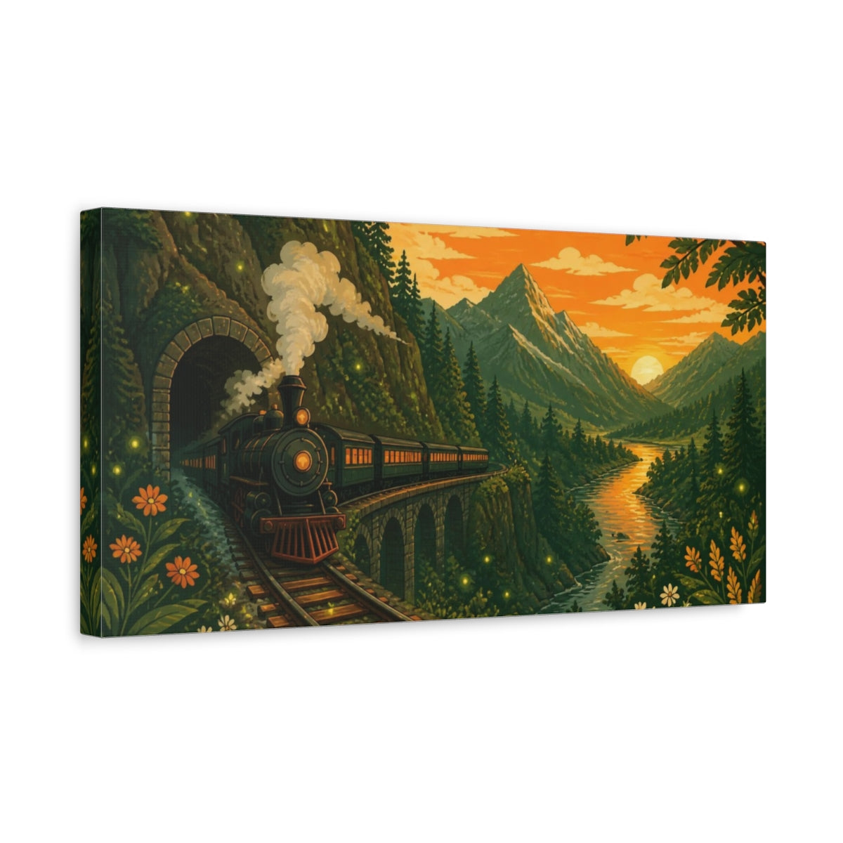 Side Mockup 3. Steam Train At Sunset shown as canvas print