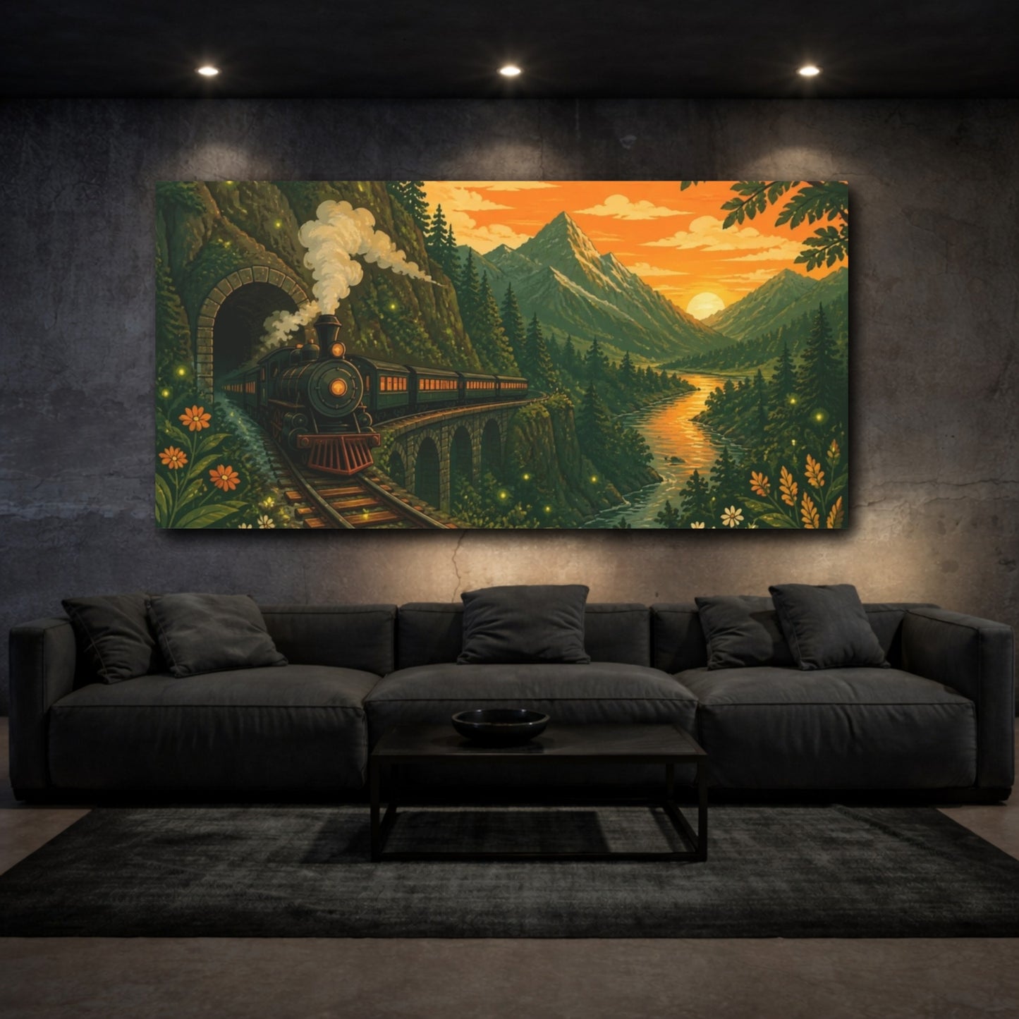 Mockup 3. Steam Train At Sunset shown as canvas print