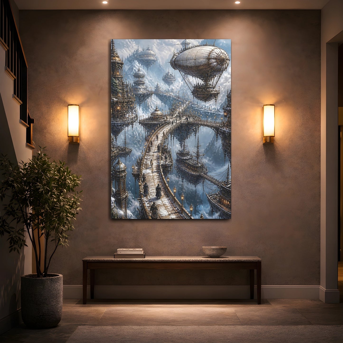 Mockup 2. Steampunk Floating City shown as canvas print