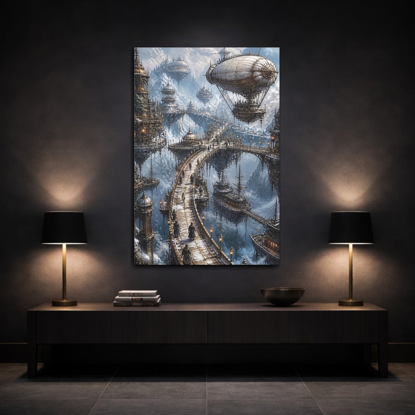 Mockup 3. Steampunk Floating City shown as canvas print