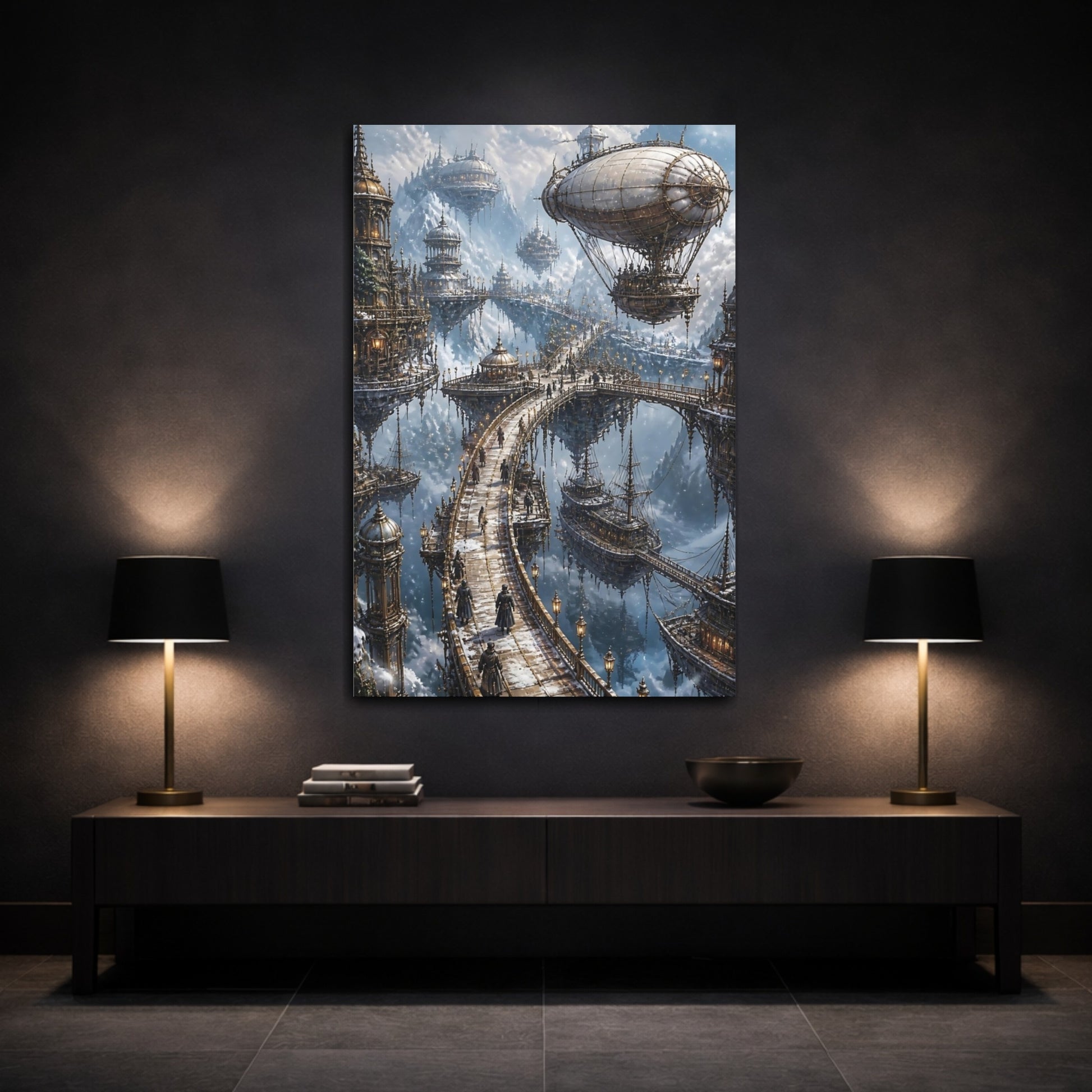 Mockup 3. Steampunk Floating City shown as canvas print