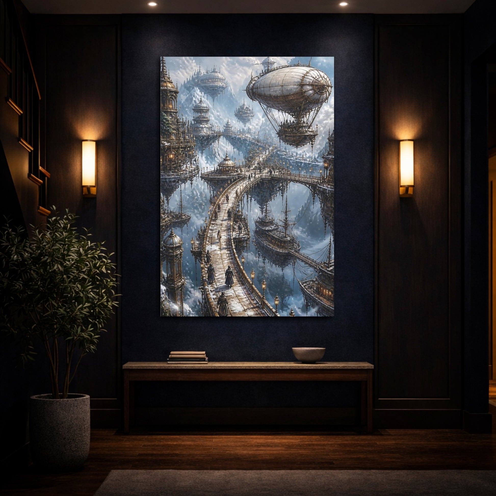 Mockup 4. Steampunk Floating City shown as canvas print