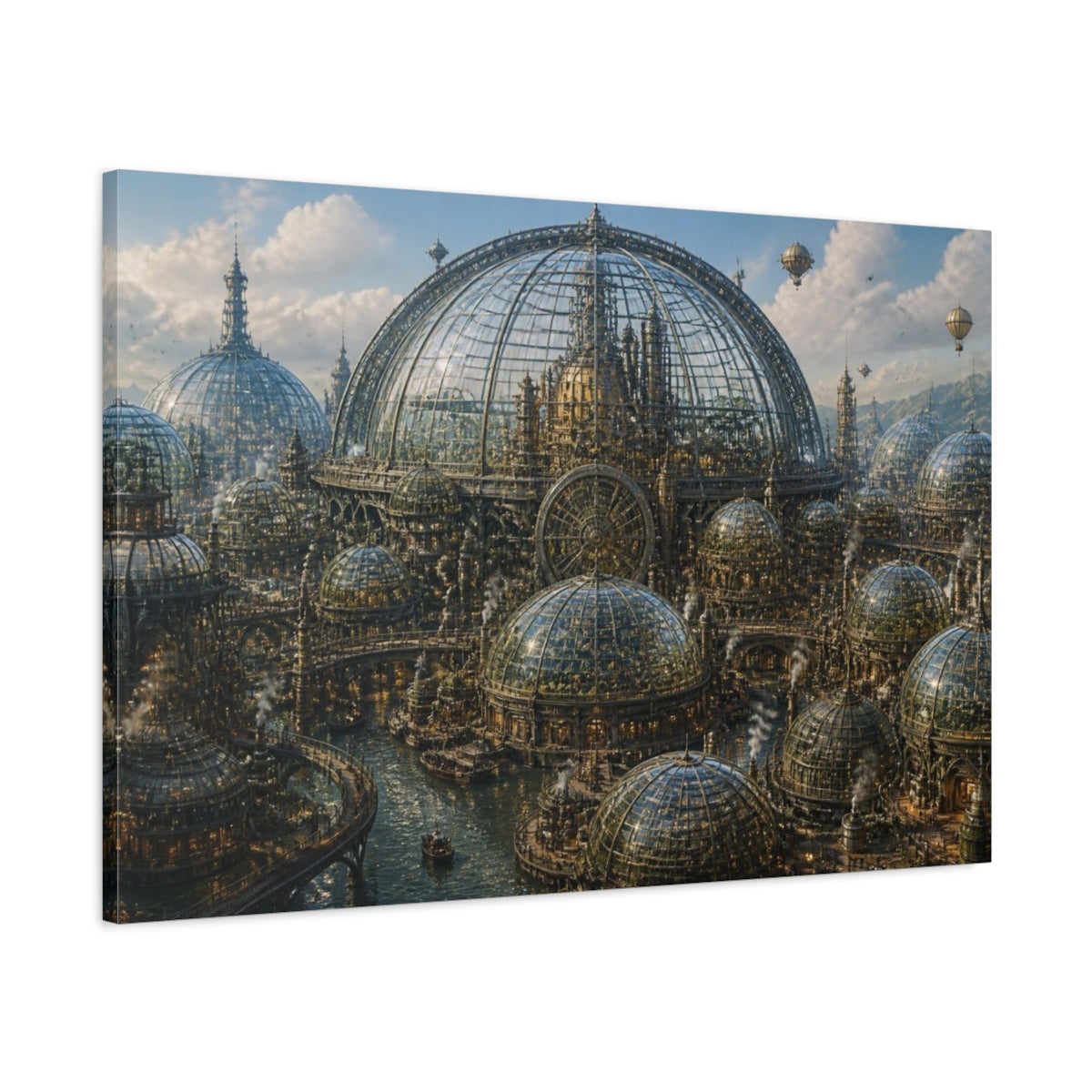 Main Mockup. Steampunk Glass Dome City shown as canvas print