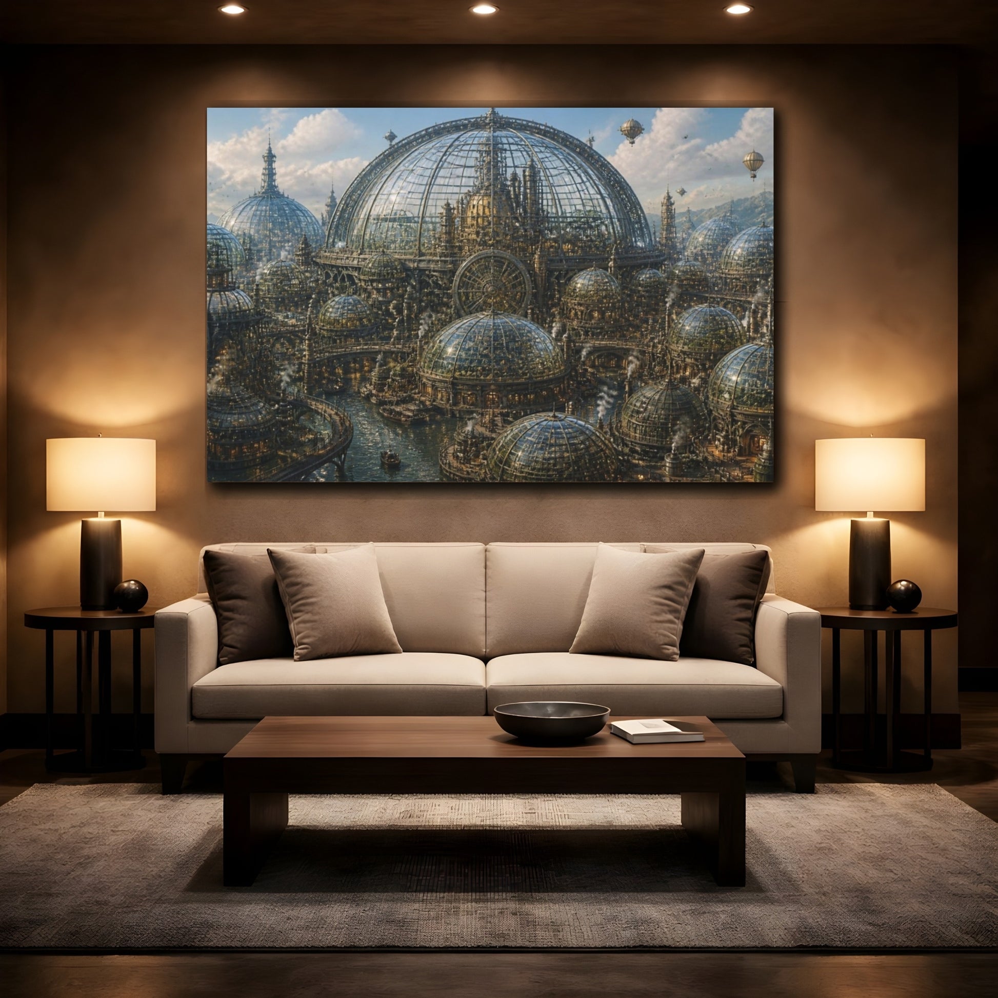 Mockup 2. Steampunk Glass Dome City shown as canvas print