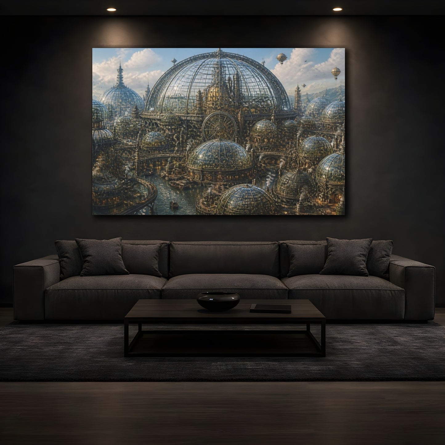 Mockup 3. Steampunk Glass Dome City shown as canvas print