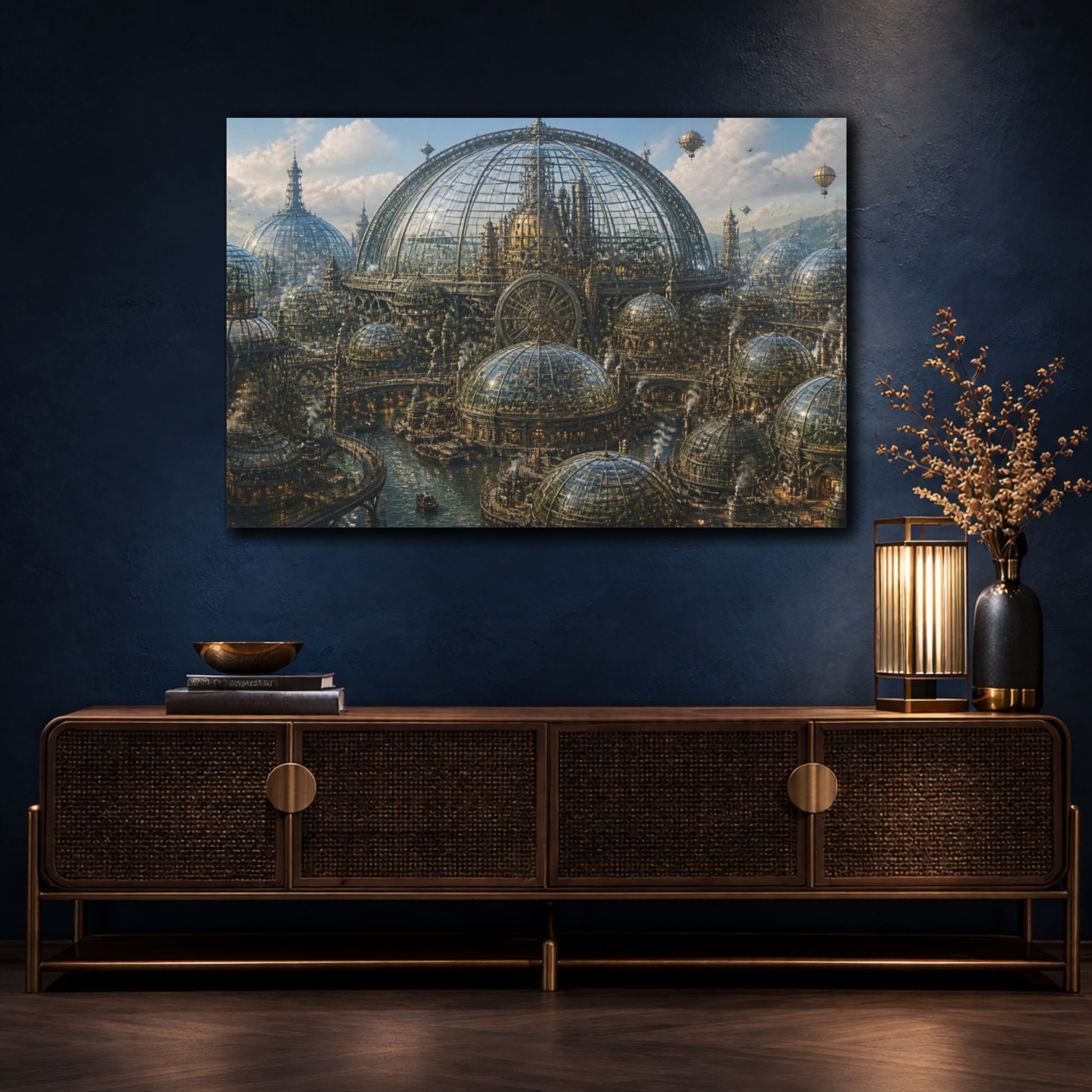 Mockup 4. Steampunk Glass Dome City shown as canvas print