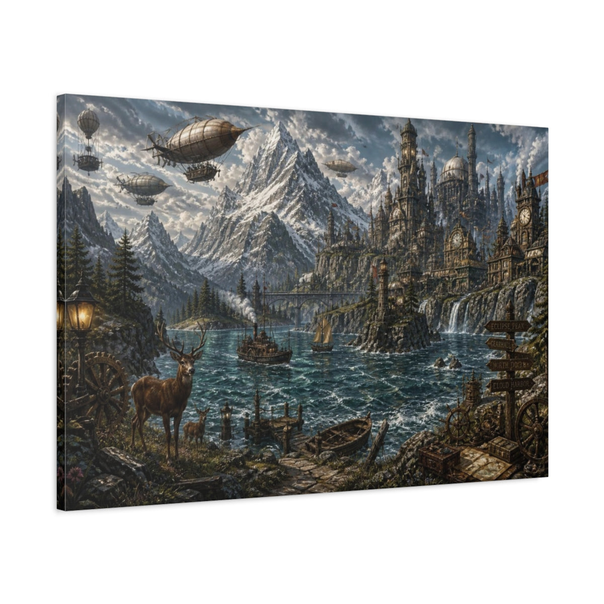 Main Mockup. Steampunk Mountain Harbor shown as canvas print