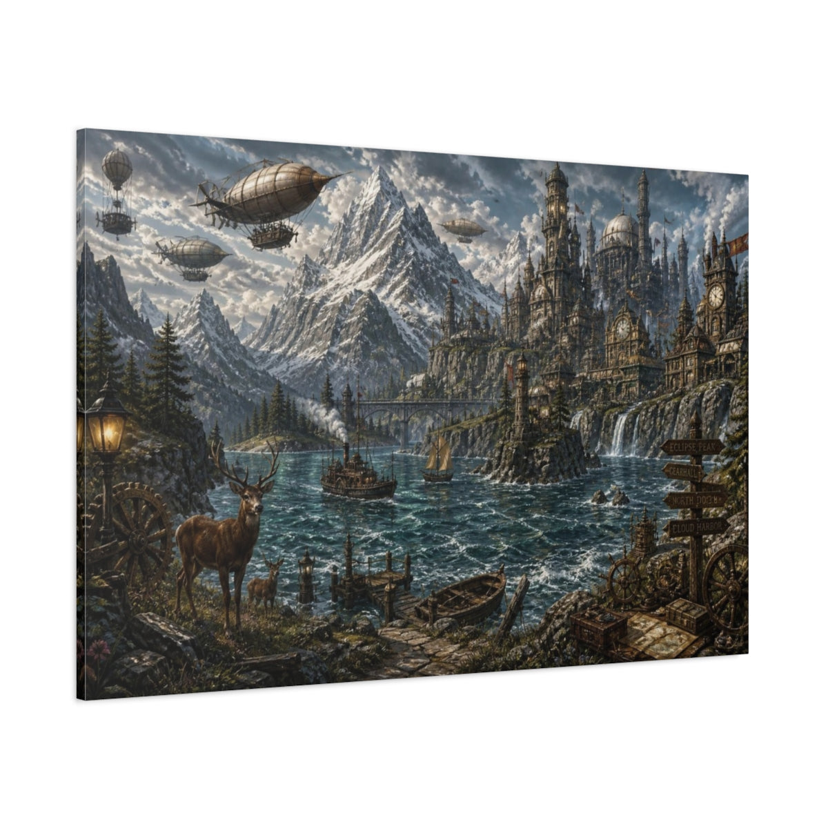 Side Mockup 1. Steampunk Mountain Harbor shown as canvas print