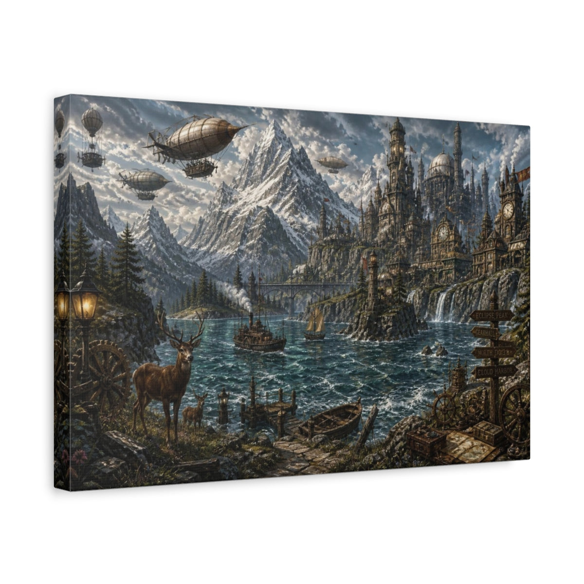 Side Mockup 4. Steampunk Mountain Harbor shown as canvas print