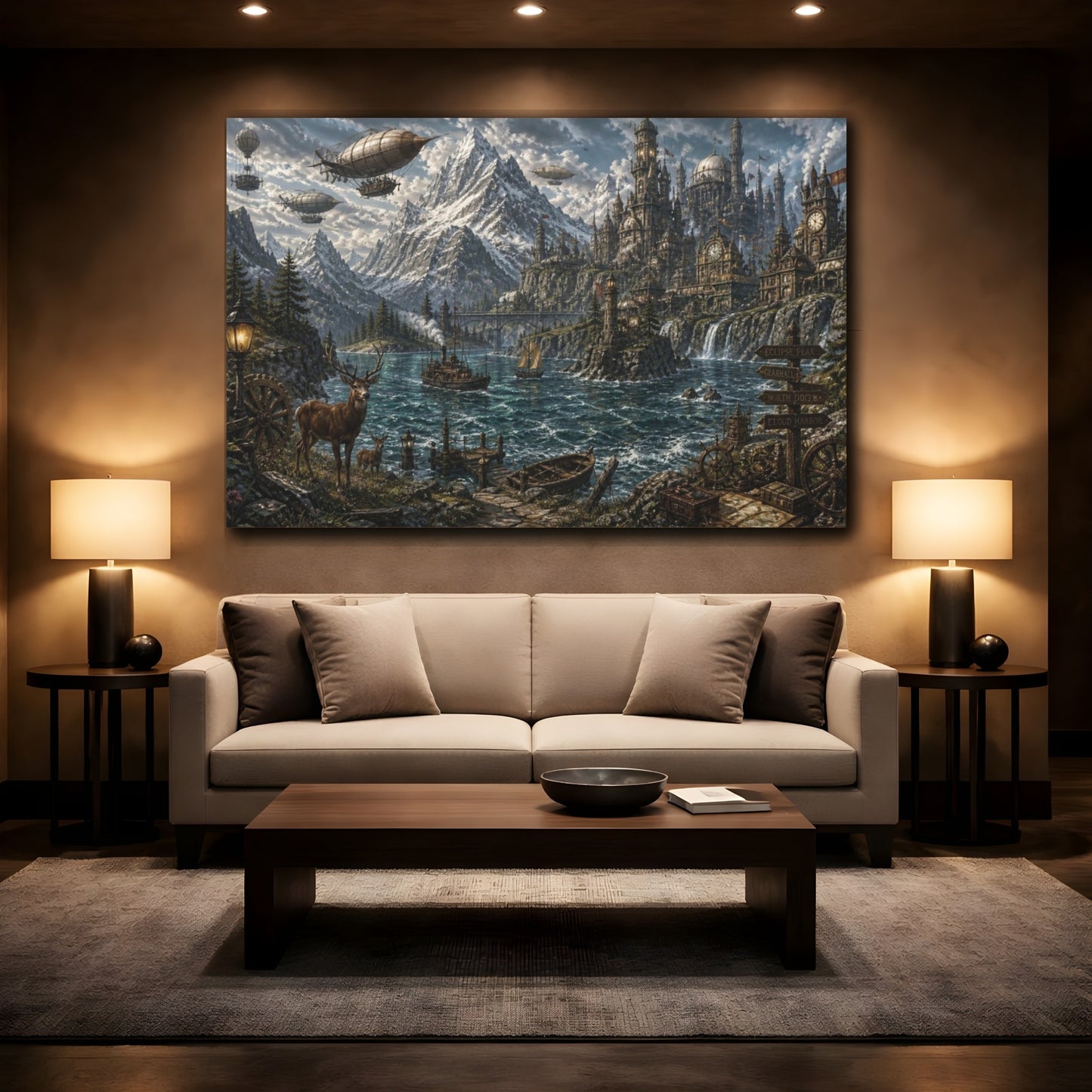 Mockup 2. Steampunk Mountain Harbor shown as canvas print