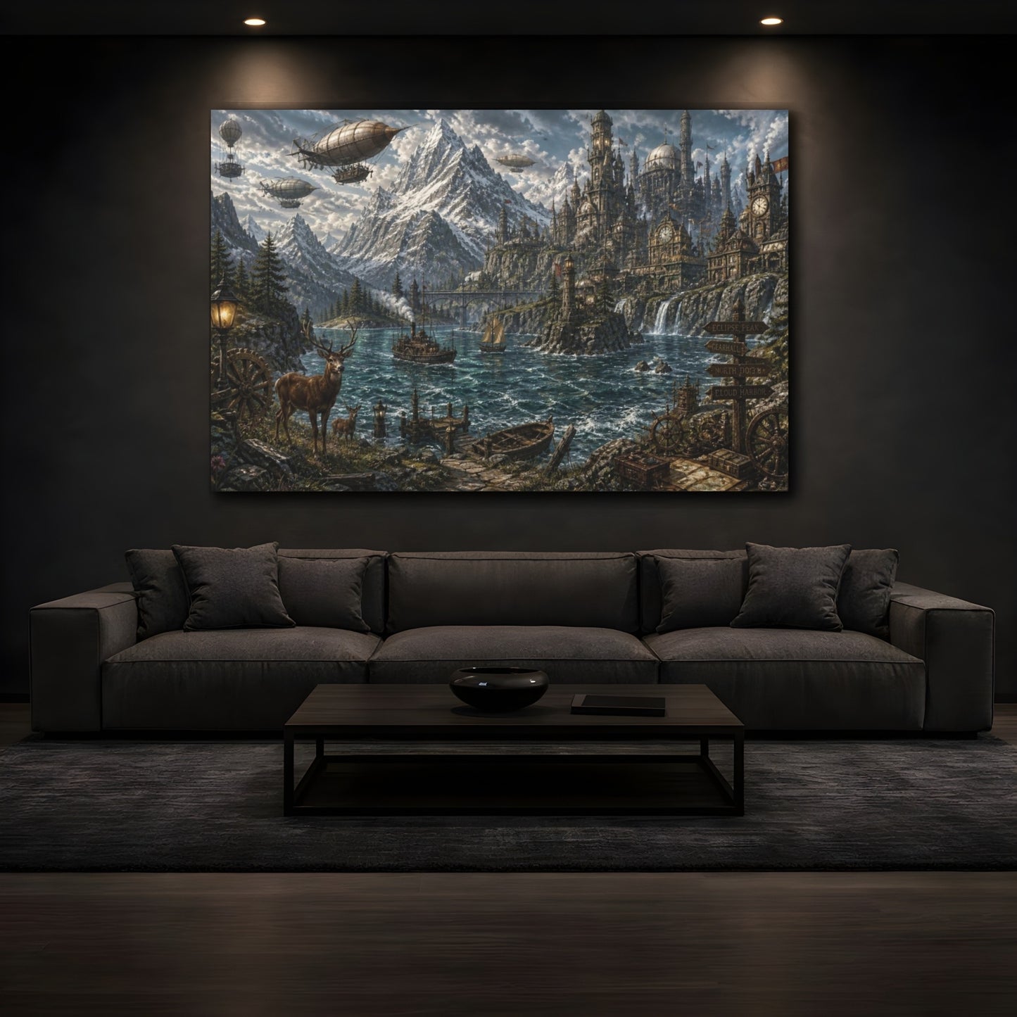 Mockup 3. Steampunk Mountain Harbor shown as canvas print