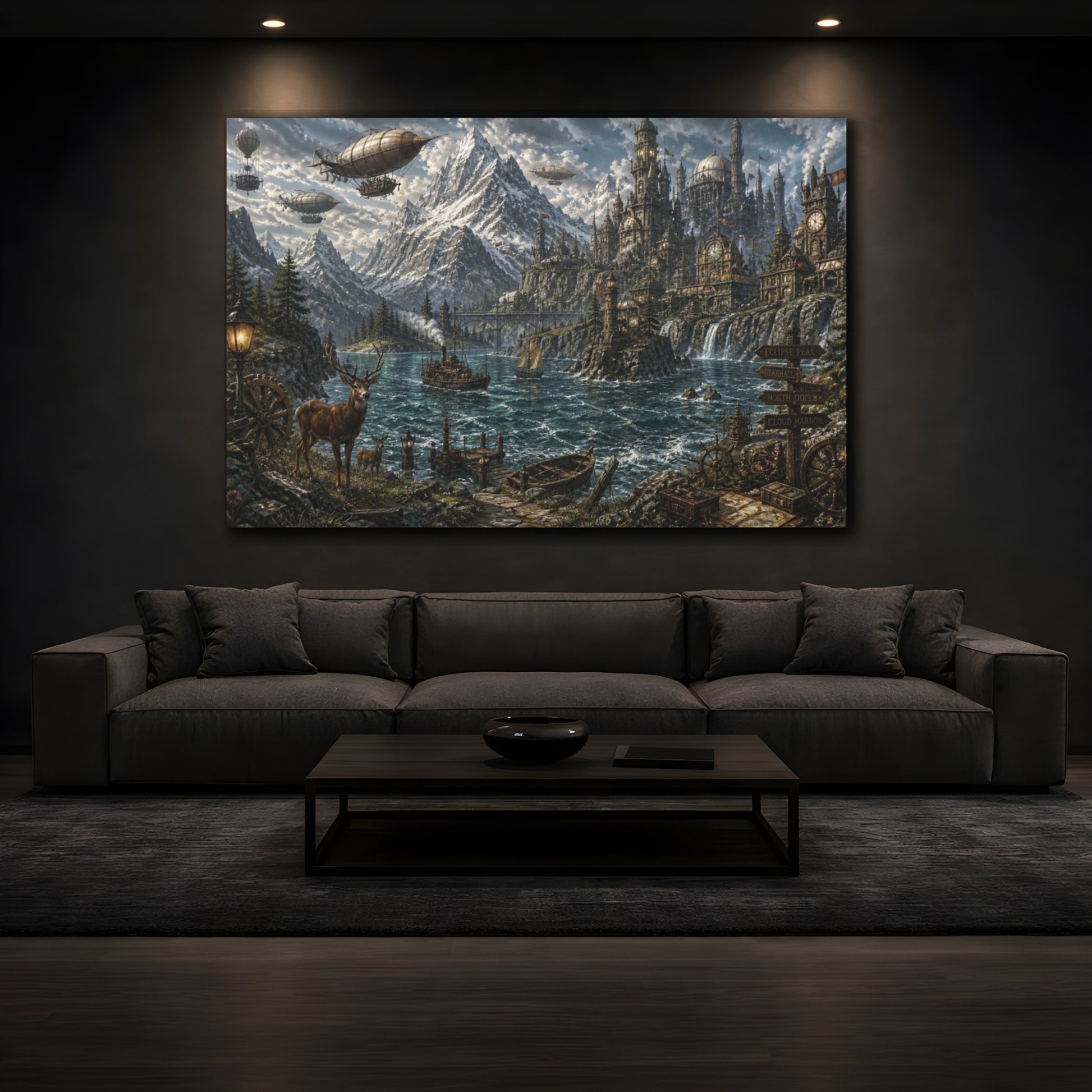 Mockup 3. Steampunk Mountain Harbor shown as canvas print