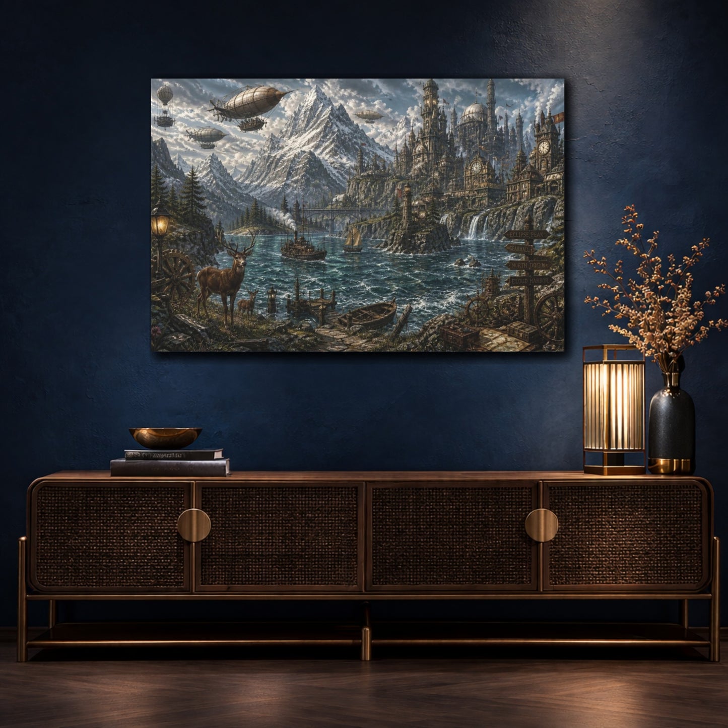 Mockup 4. Steampunk Mountain Harbor shown as canvas print
