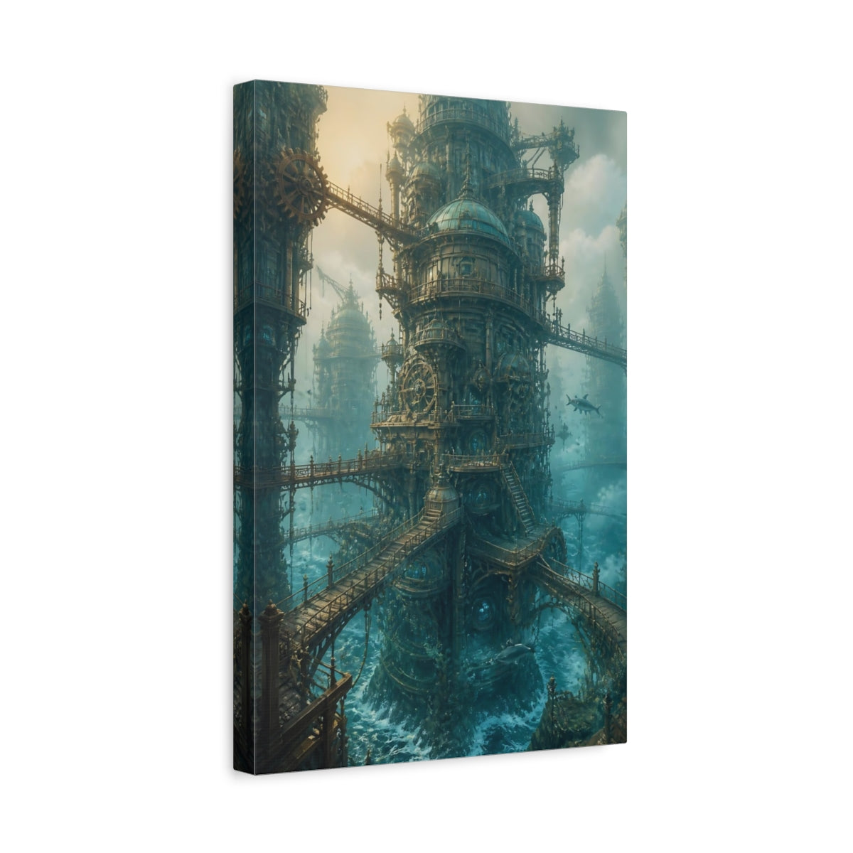 Side Mockup 4. Steampunk Ocean Tower shown as canvas print