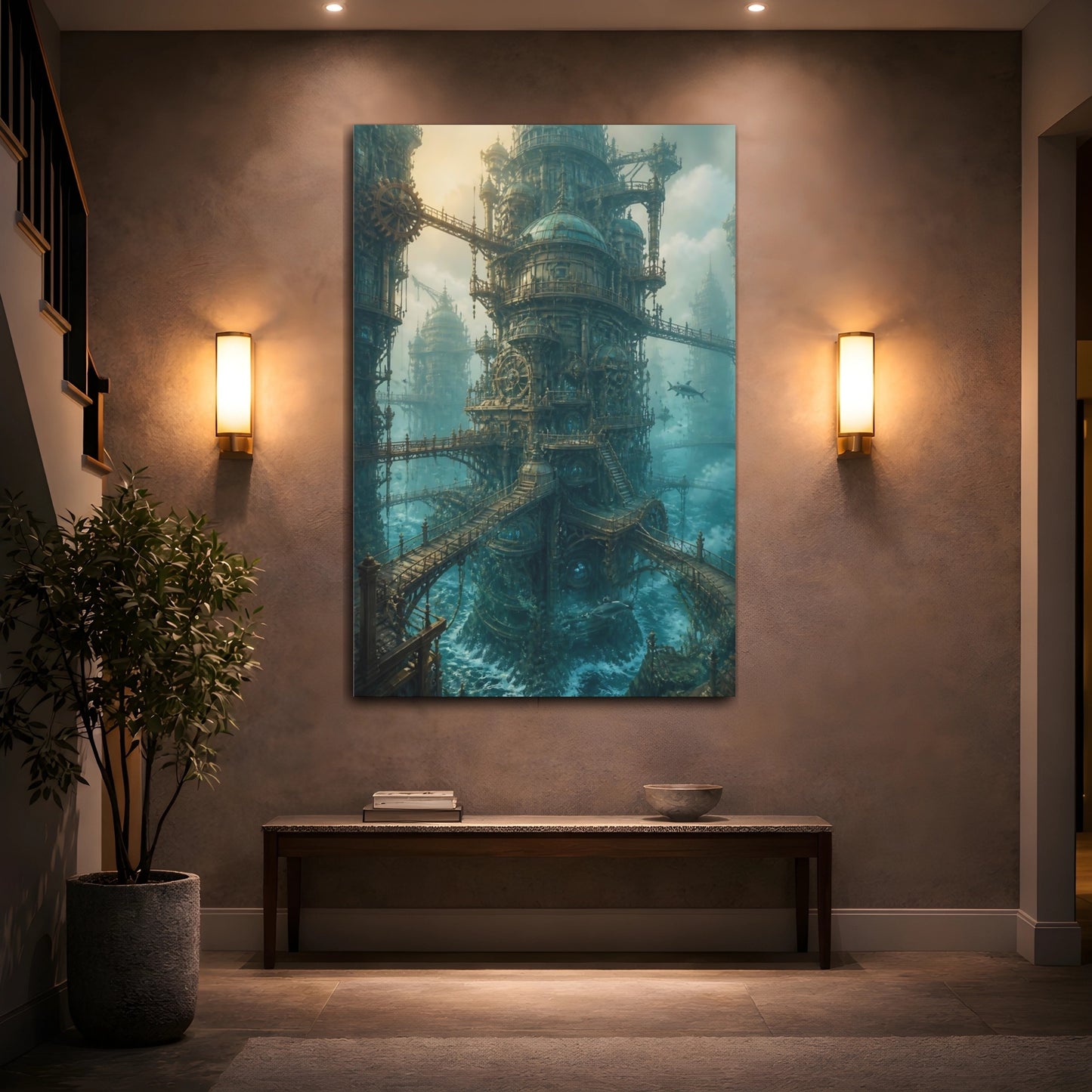 Mockup 2. Steampunk Ocean Tower shown as canvas print