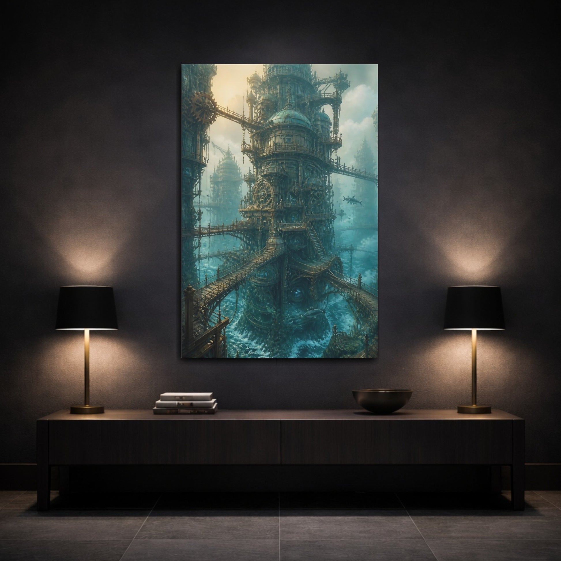 Mockup 3. Steampunk Ocean Tower shown as canvas print