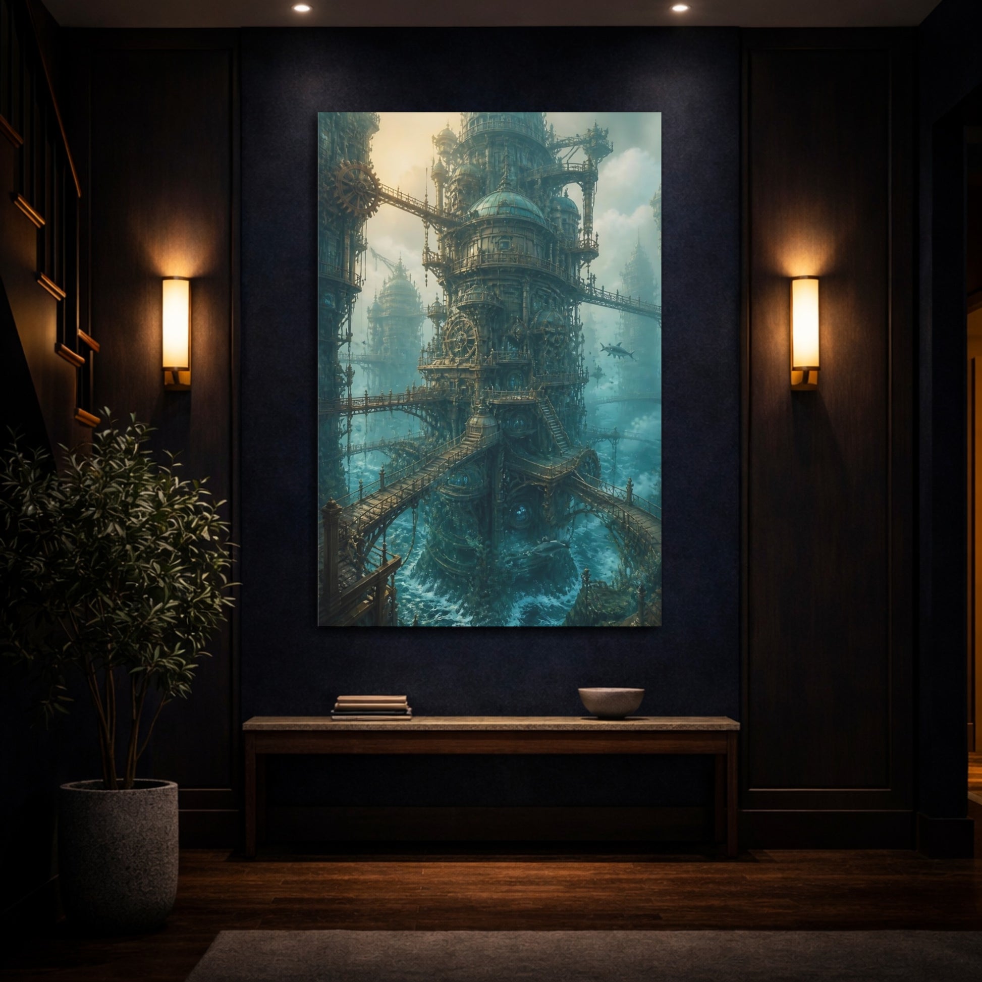 Mockup 4. Steampunk Ocean Tower shown as canvas print