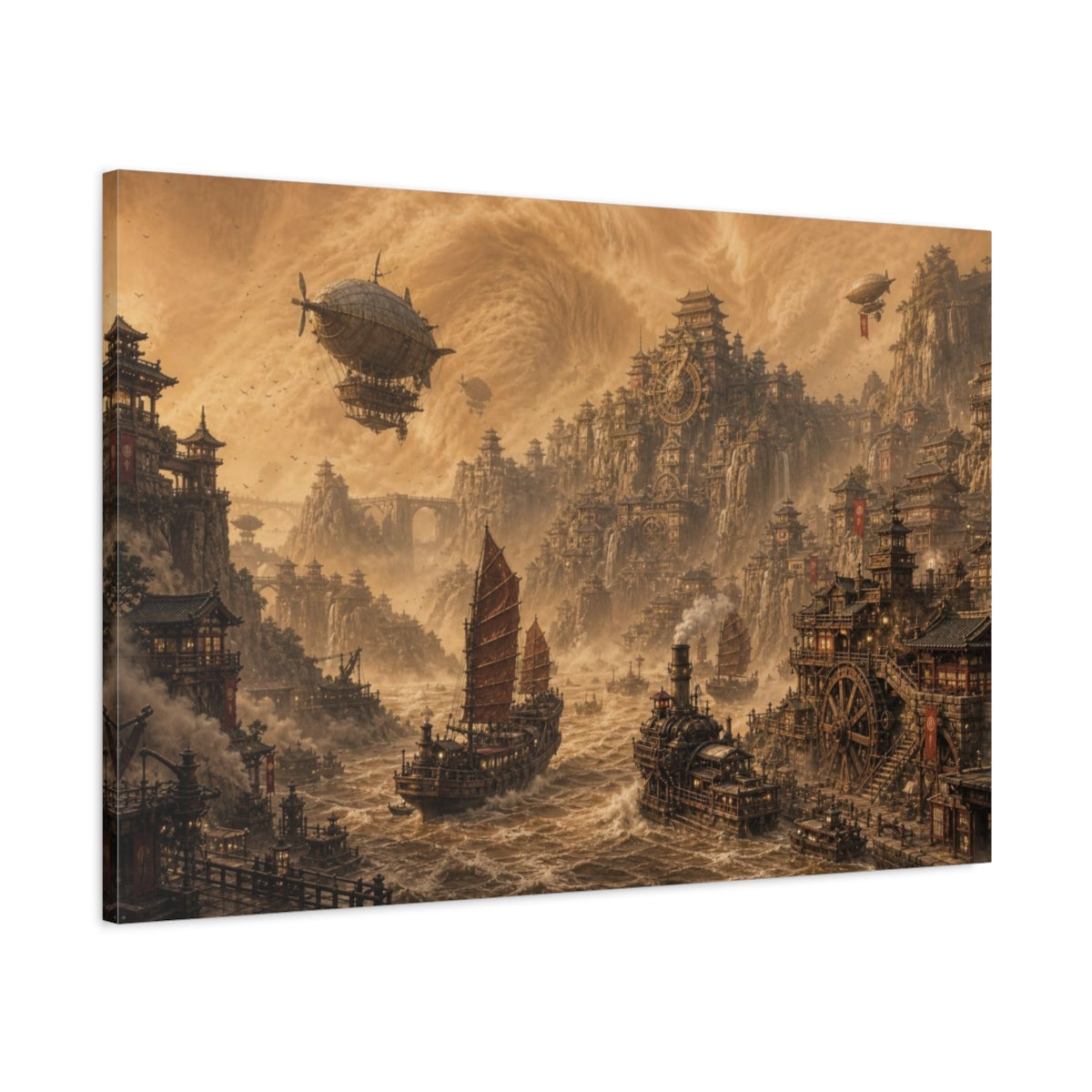 Main Mockup. Steampunk Port In Sandstorm shown as canvas print