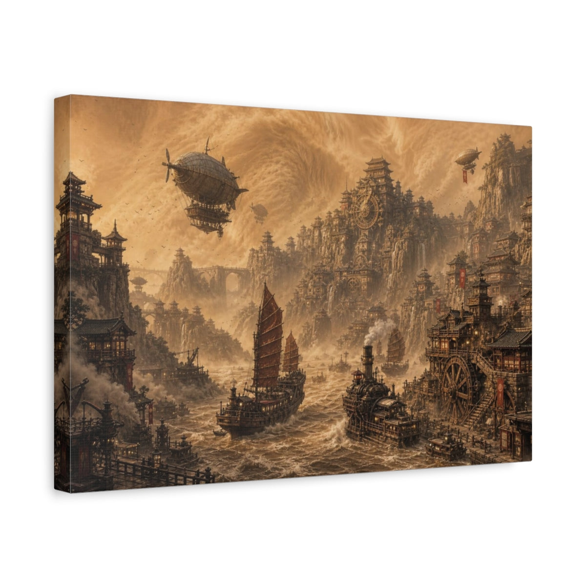 Side Mockup 4. Steampunk Port In Sandstorm shown as canvas print