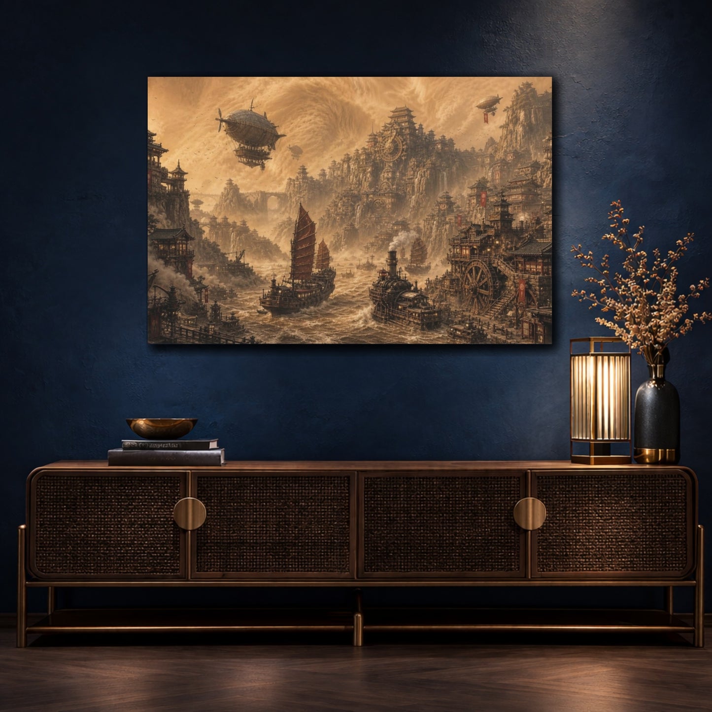 Mockup 4. Steampunk Port In Sandstorm shown as canvas print