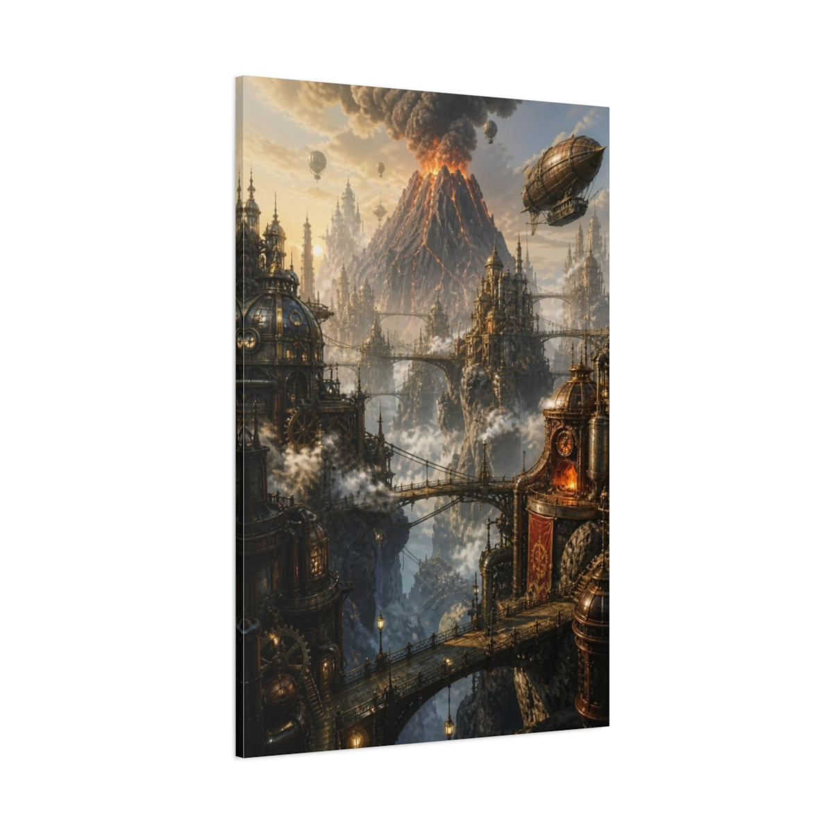 Side Mockup 1. Steampunk Volcanic City shown as canvas print