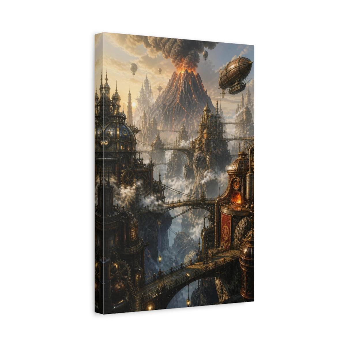 Side Mockup 4. Steampunk Volcanic City shown as canvas print