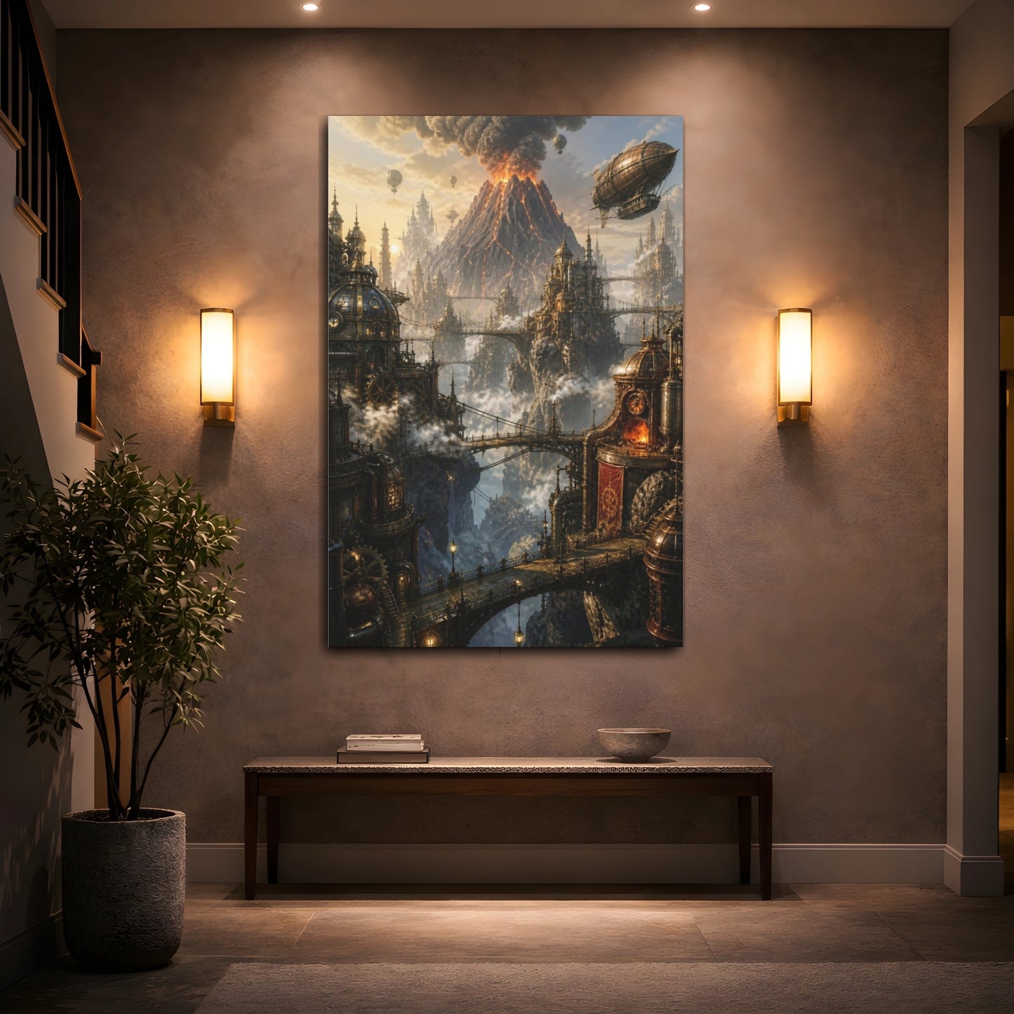 Mockup 2. Steampunk Volcanic City shown as canvas print
