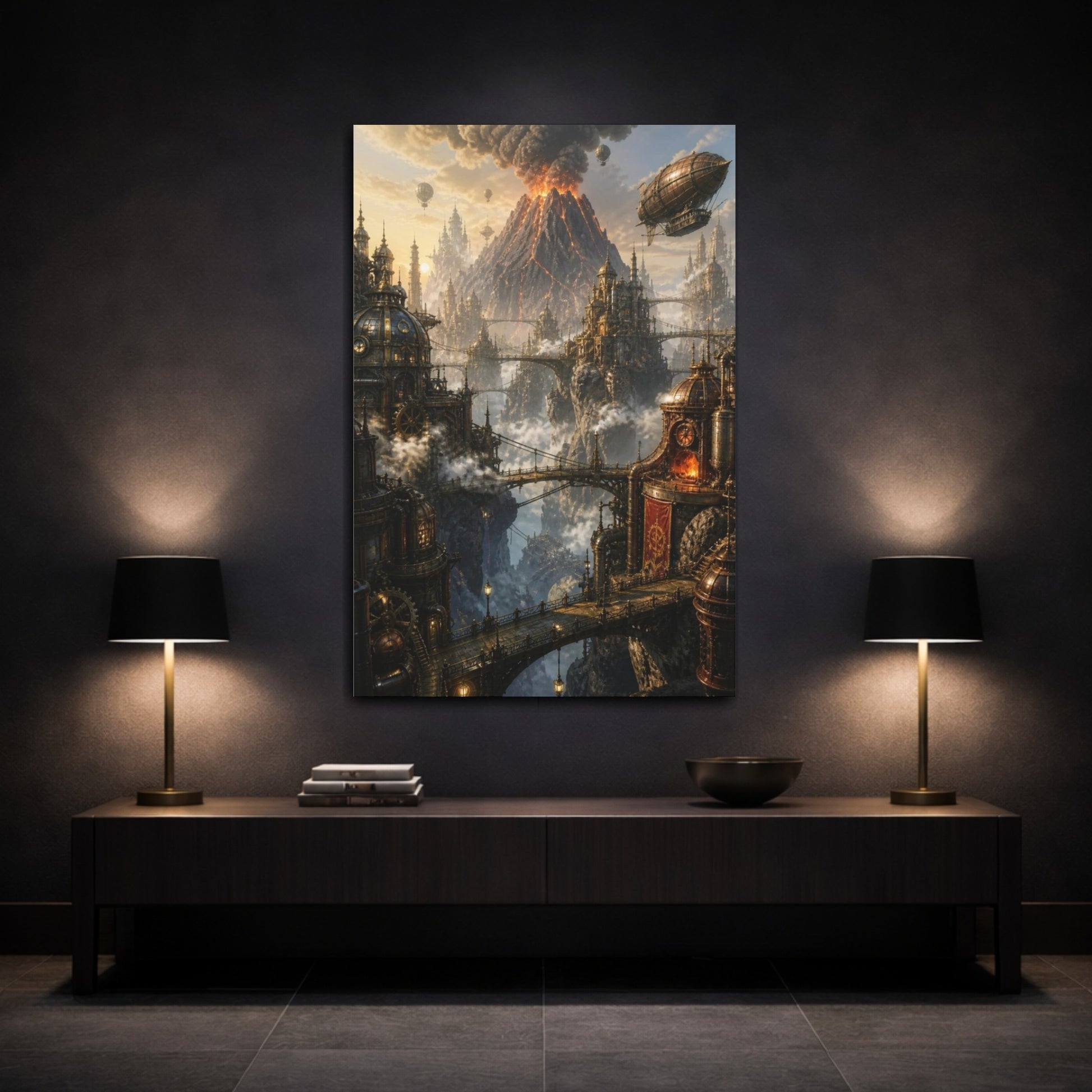 Mockup 3. Steampunk Volcanic City shown as canvas print
