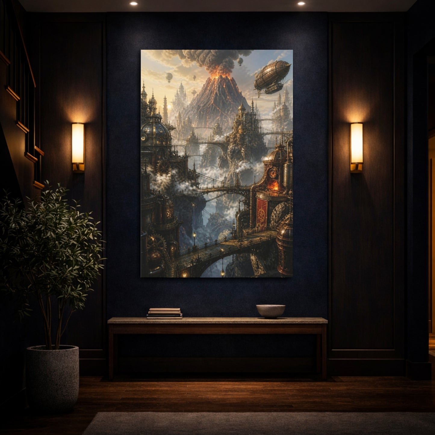 Mockup 4. Steampunk Volcanic City shown as canvas print