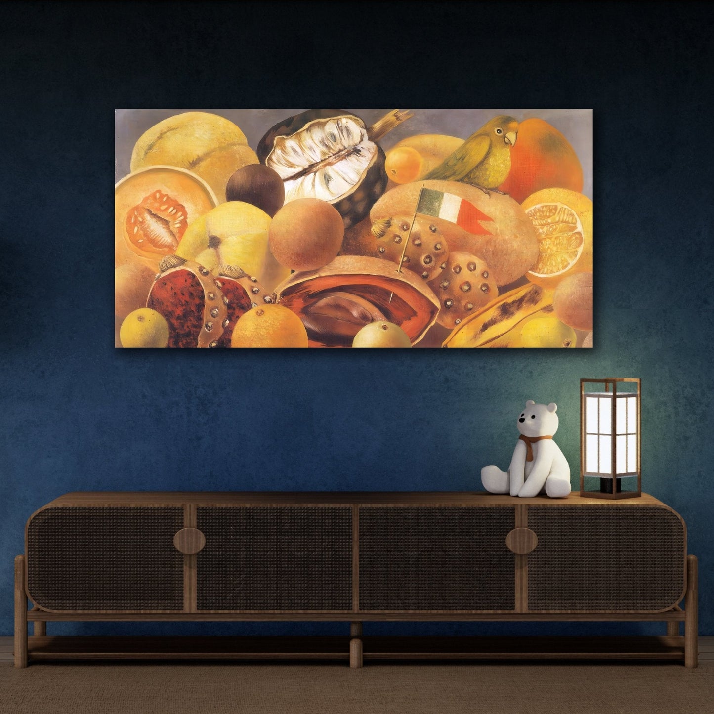 Still Life with Parrot and Fruit Canvas Kahlo Prints - Classic Framed Fruits Wall Art Print