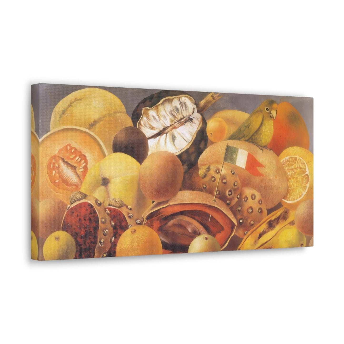 Still Life with Parrot and Fruit Canvas Kahlo Prints - Classic Framed Fruits Wall Art Print