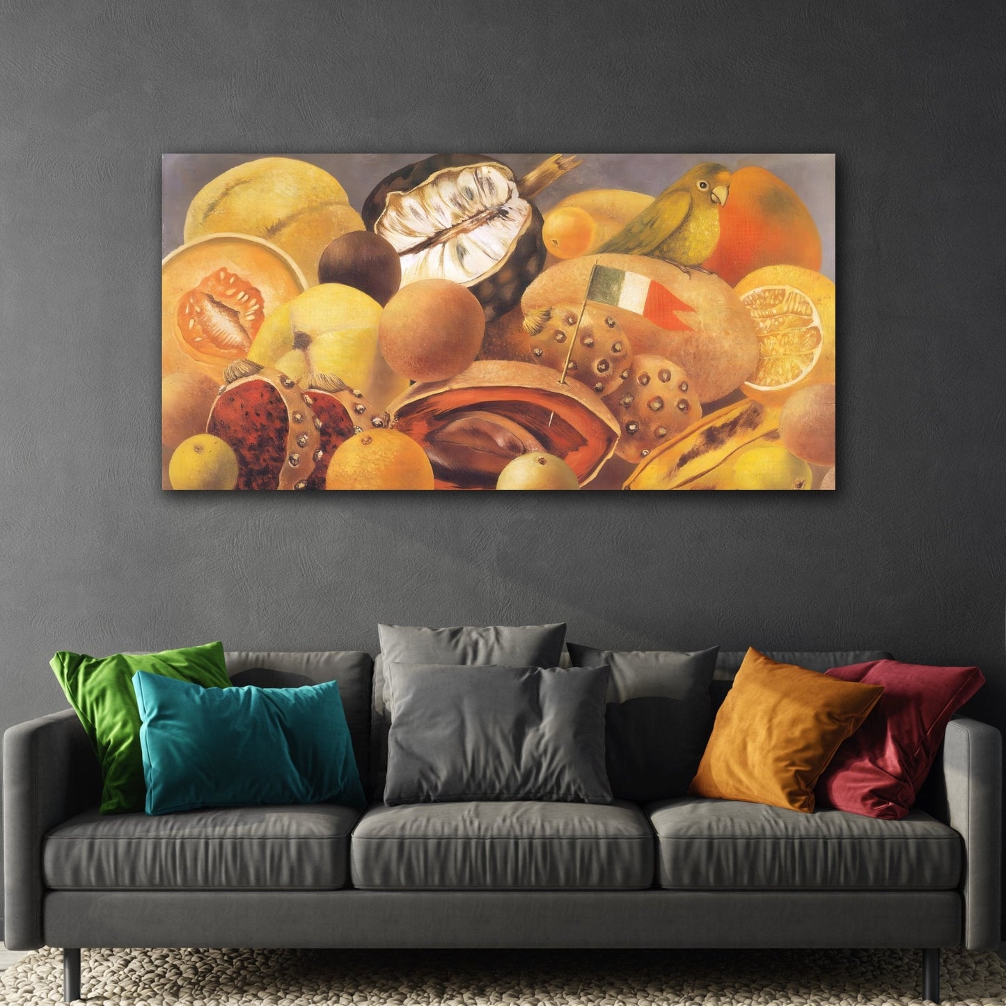 Still Life with Parrot and Fruit Canvas Kahlo Prints - Classic Framed Fruits Wall Art Print