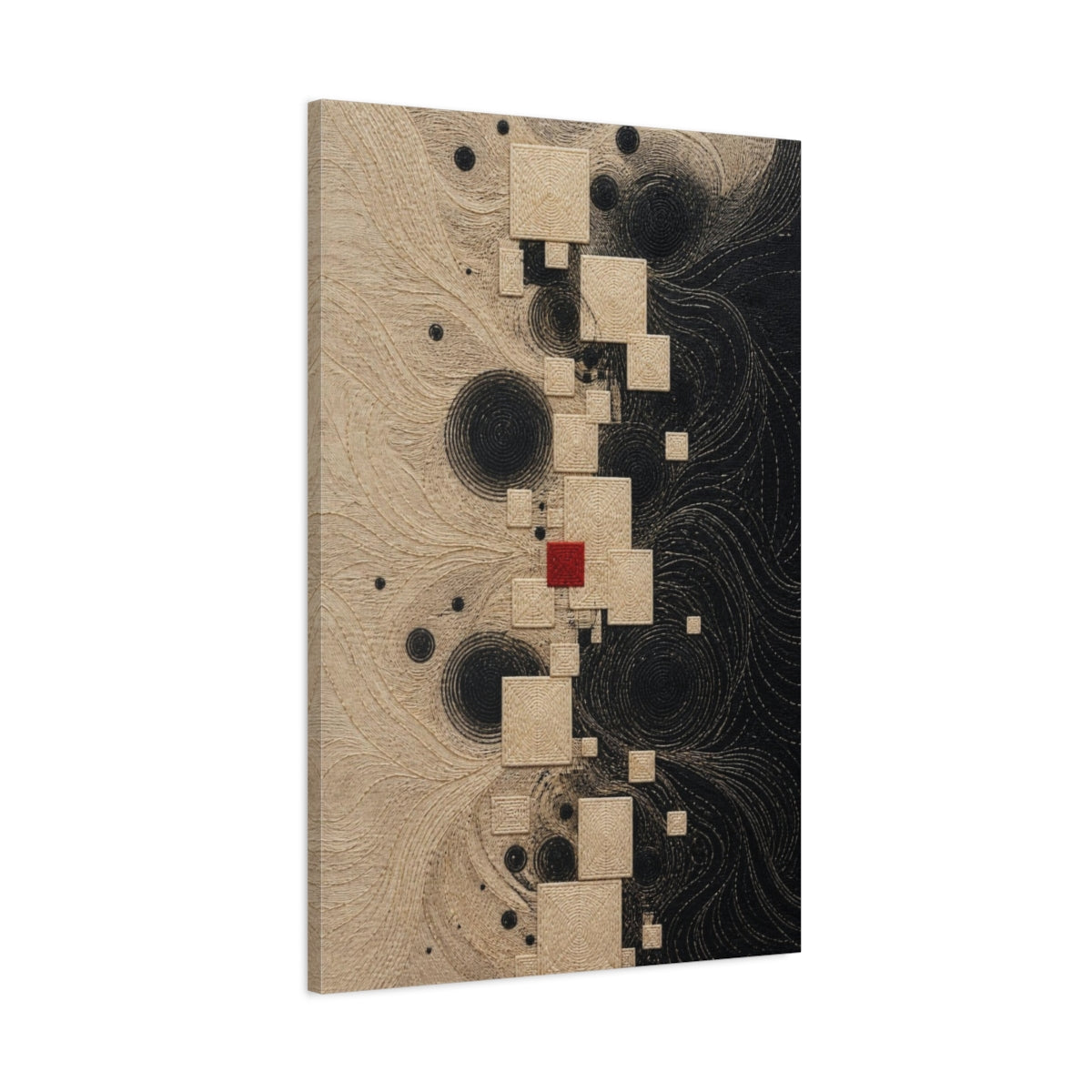 Main Mockup. Stitched Squares With Red Accent shown as canvas print