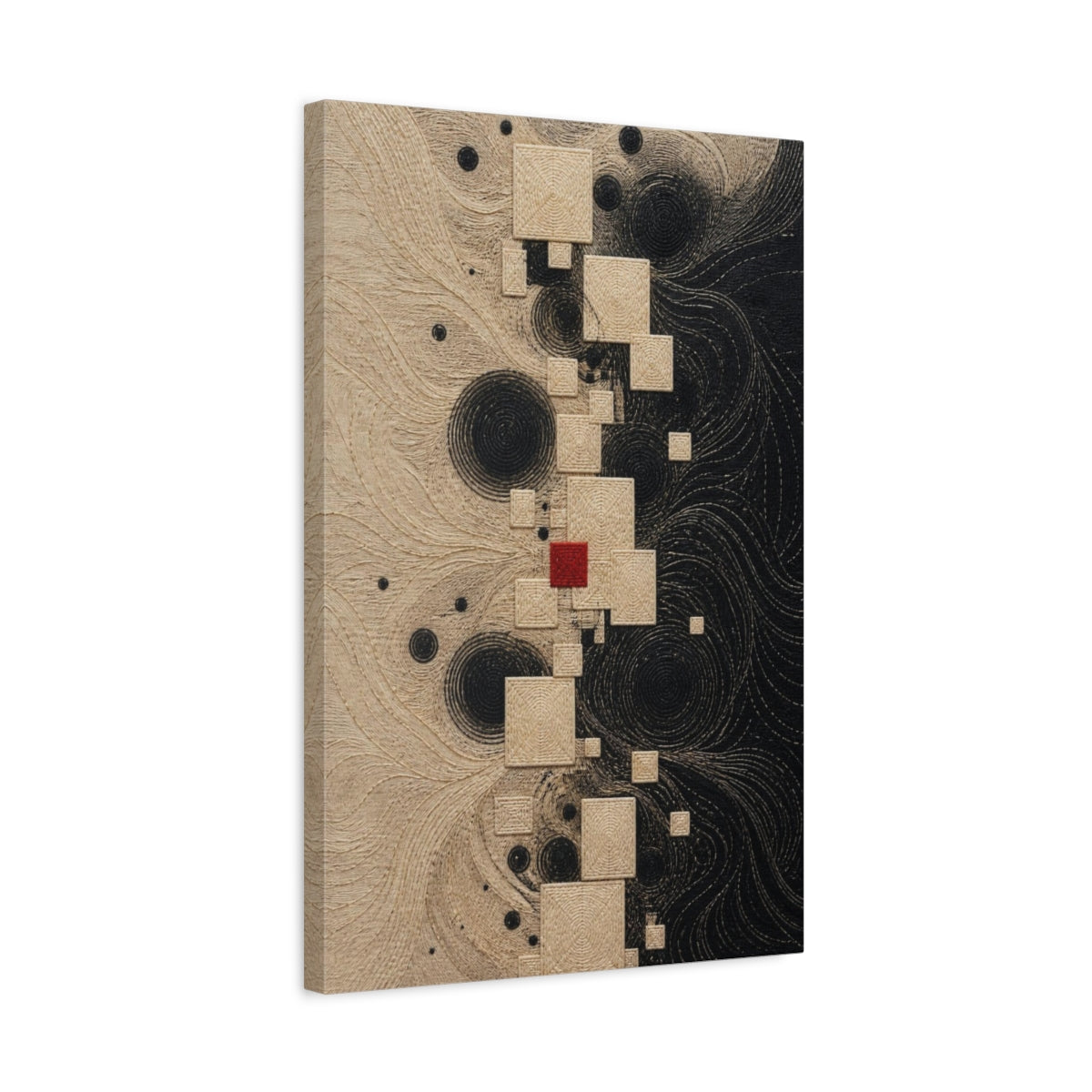 Side Mockup 3. Stitched Squares With Red Accent shown as canvas print