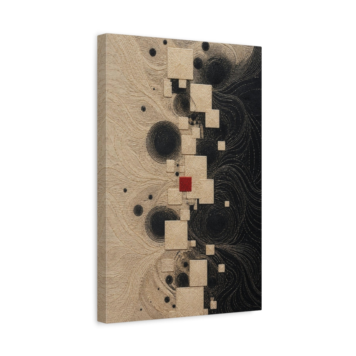Side Mockup 4. Stitched Squares With Red Accent shown as canvas print