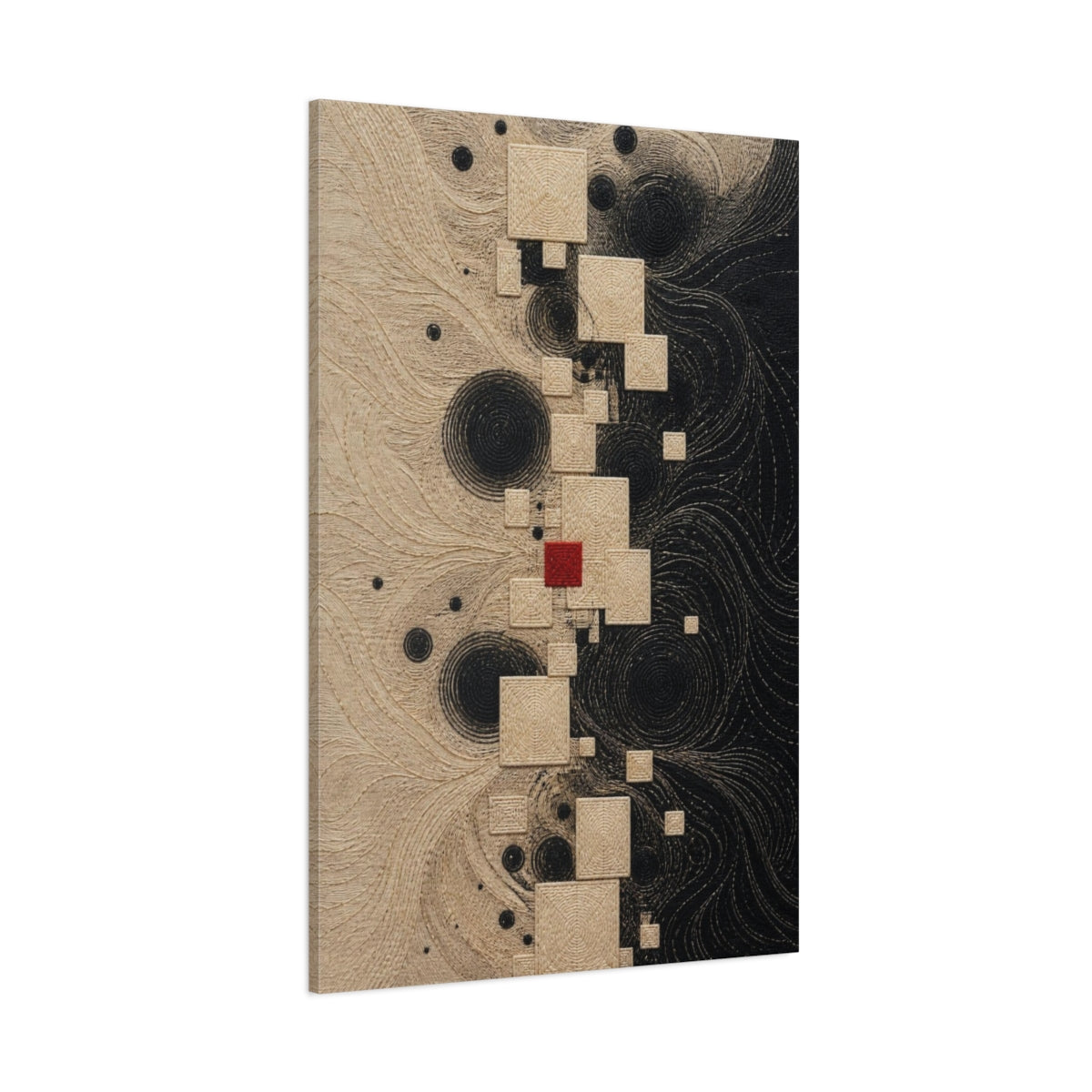 Side Mockup 1. Stitched Squares With Red Accent shown as canvas print