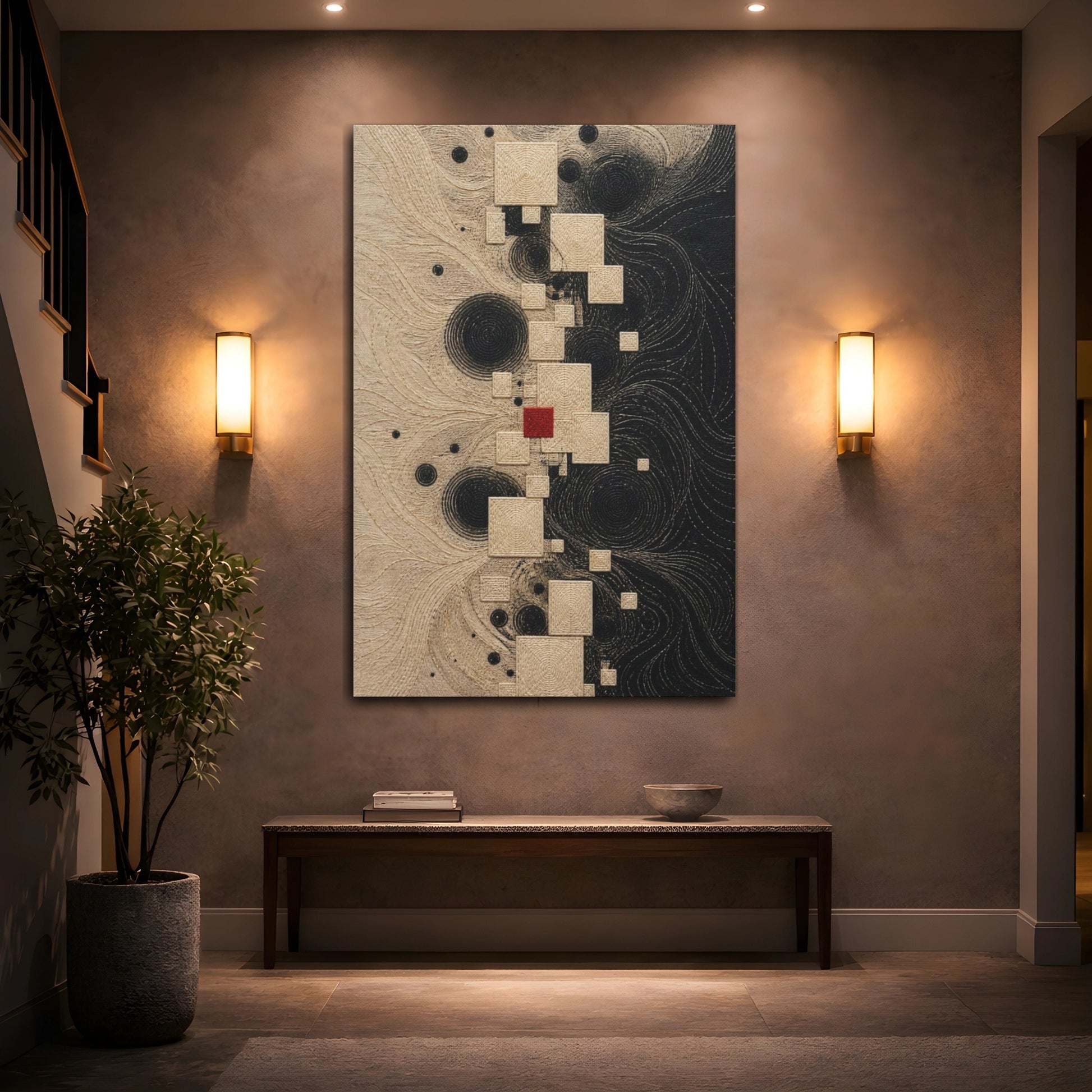 Mockup 2. Stitched Squares With Red Accent shown as canvas print