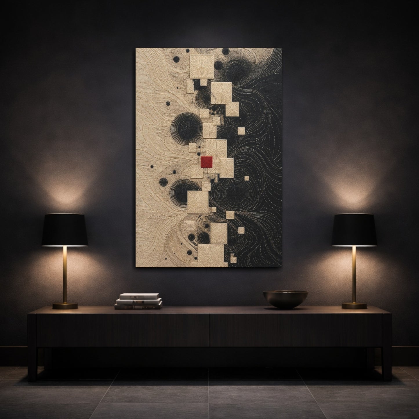 Mockup 3. Stitched Squares With Red Accent shown as canvas print