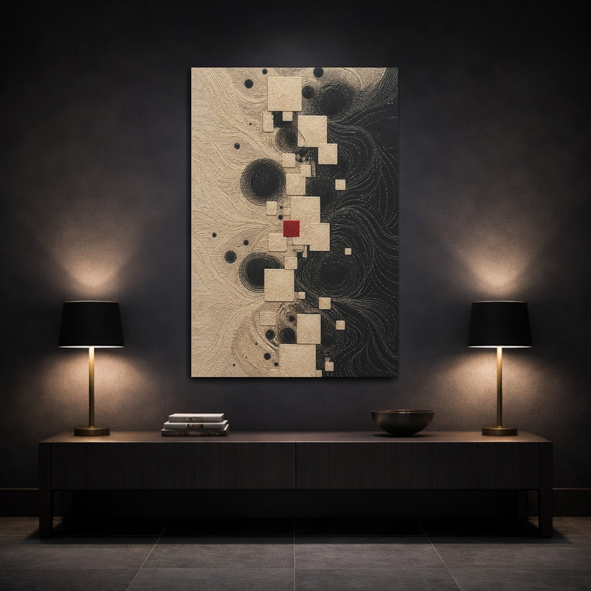 Mockup 3. Stitched Squares With Red Accent shown as canvas print