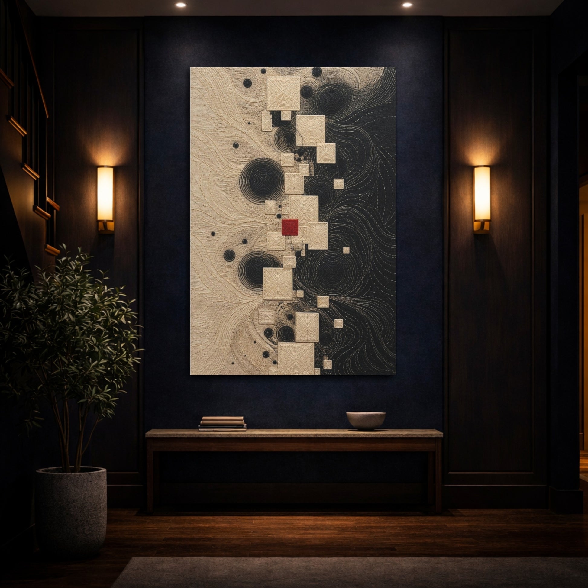 Mockup 4. Stitched Squares With Red Accent shown as canvas print