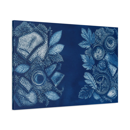 Main Mockup. Stone And Leaf Cyanotype shown as canvas print