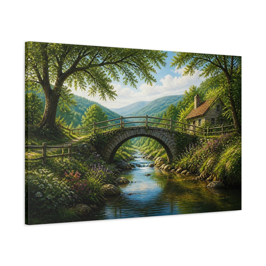 Main Mockup. Stone Bridge Landscape Cottage shown as canvas print