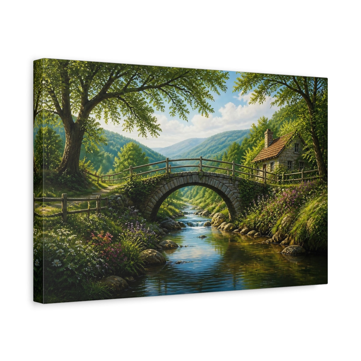 Side Mockup 4. Stone Bridge Landscape Cottage shown as canvas print
