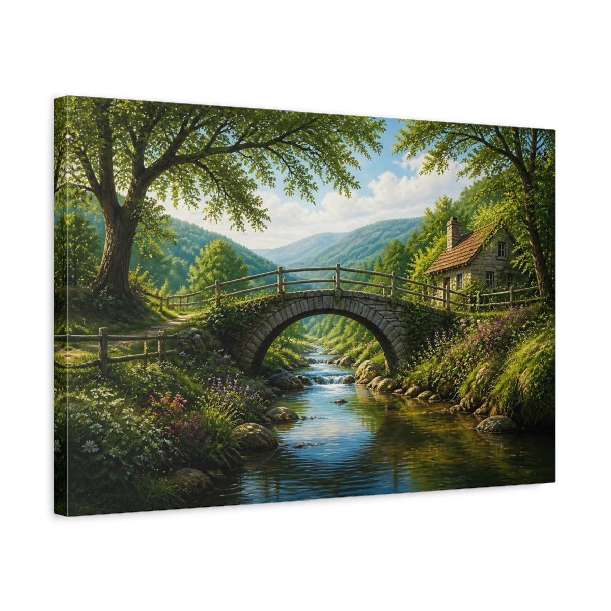 Side Mockup 3. Stone Bridge Landscape Cottage shown as canvas print