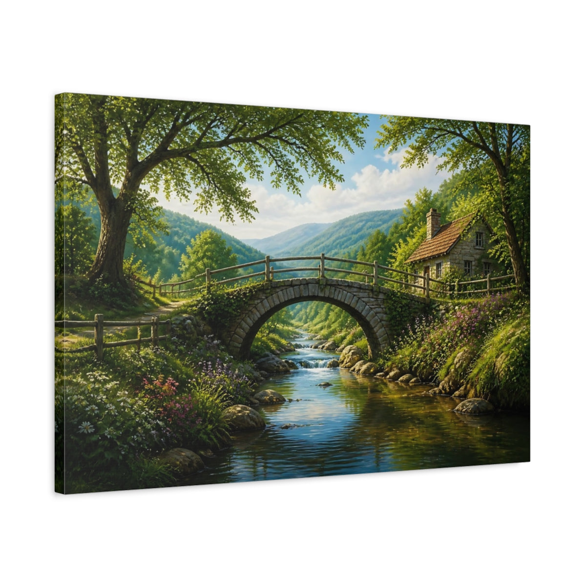 Side Mockup 2. Stone Bridge Landscape Cottage shown as canvas print